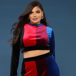 Velvet color block long sleeve top